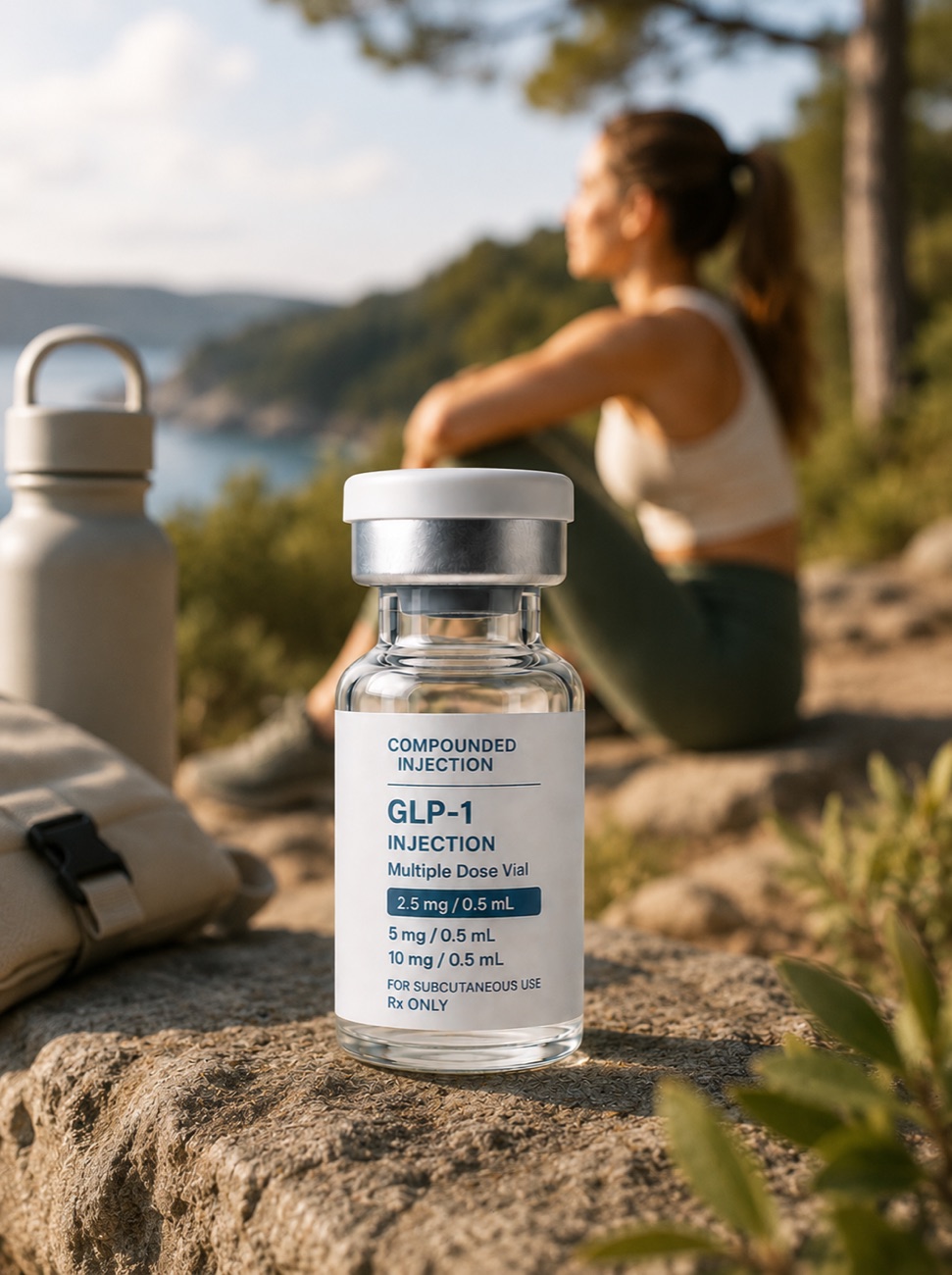 TruVive GLP-1 vial outdoors with a woman resting after a hike