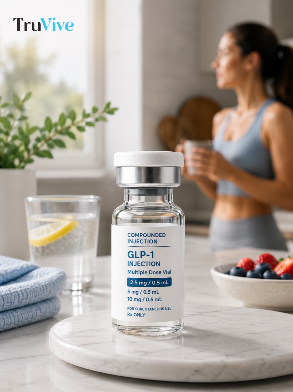 TruVive GLP-1 vial in a bright kitchen with a woman in the background