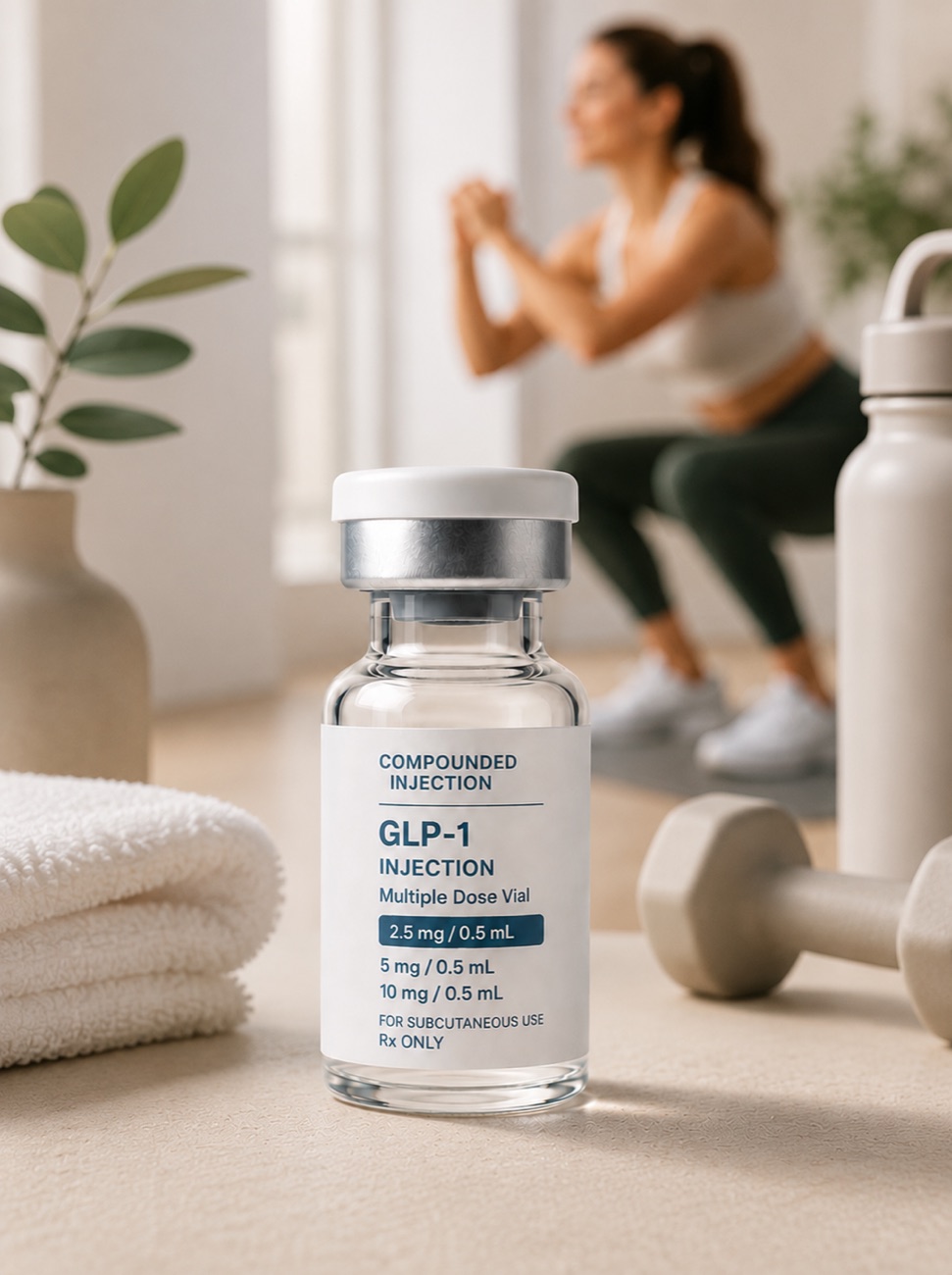 TruVive GLP-1 vial in a home gym with a woman exercising